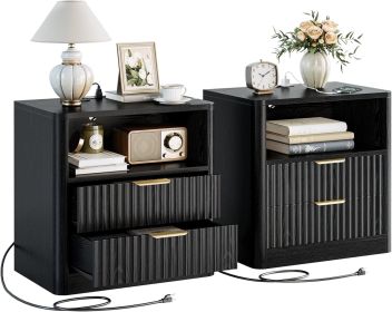 Fluted Night Stand, Modern Nightstand with Charging Station, Drawers and Open Shelves - Bedside Table Wood Side Table for Bedroom, Black