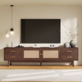 70inch Modern TV Stand with Rattan Doors for TVs up to 80", Media Console with Storage Space, 4 Drawers & Cable Holes