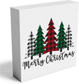 Funny Christmas Trees Wooden Box Sign Plaque Merry Christmas Wood Box Sign Rustic Art Home Shelf Desk Decor christmas tree decorations 5 x 5 x 1