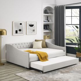 Full Size Daybed with Twin Size Trundle Upholstered Tufted Sofa Bed, with Button on Back and Copper Nail on Waved Shape Arms,Beige (80.5"x55.5"x2