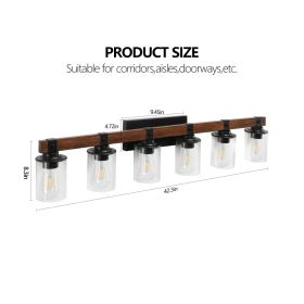 42in Rustic 6-Light Vanity Light, Industrial Bathroom Wall Sconce With Glass Shades And Wood Accent, Modern Farmhouse Lighting Fixture -No Bulbs (Option: Default)