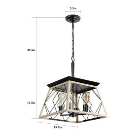 16in  Oak Industrial 4-Light Pendant Chandelier, Modern Metal Cage Design, Adjustable Hanging Light For Dining Room, Kitchen, Living Room -No Bul (Option: Default)