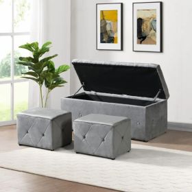 1 Piece Rectangular Storage Ottoman Fabric Linen With 2 Set Ottomans Beige (Option: GREY)