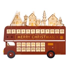 Christmas Advent Calendar, Light Up Table Xmas Wooden Bus Holiday Decoration with Countdown Drawer, Santa Claus Street House, for Kids and Adult (Option: Red-480x125x365 mm)