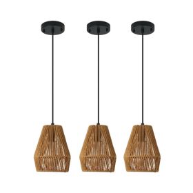 7  Set Of 3 Rustic Hemp Rope Pendant Light, Handcrafted Farmhouse Hanging Light Fixture, Adjustable Height Ceiling Lamp For Kitchen Island, Dinin (Option: Default)