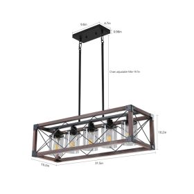 32in  Red Wood Industrial Farmhouse Rectangle Pendant Light, 5-Light Chandelier With Lampshade For Dining Room, Kitchen Island, Cafe Decor  No Bu (Option: Default)