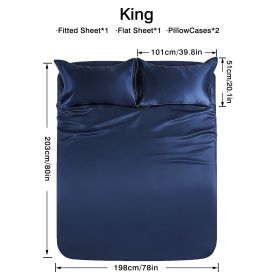 4-piece ultra-soft 85g satin sheet and pillowcase set, solid color, machine washable, suitable for all seasons, comfortable bedding set, for sing (Color: Dark blue, size: king(75.98''*79.92''))