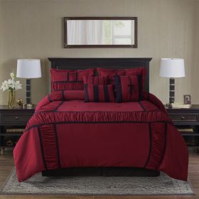 7-Piece Burgundy Ruched Comforter Set, Brushed Microfiber Bedding for All Seasons (size: QUEEN)