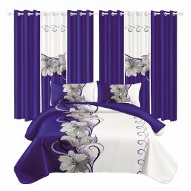 9-Piece Bedding & Curtain Combo Set, Royal Blue Floral Quilted Bedspread with 6 Matching Window Panels & 2 Pillow Shams (Color: Sapphire Blue, size: KING)