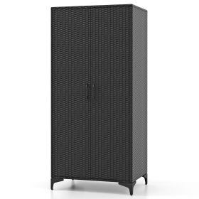 62 Inch Wicker Wardrobe with 2 Doors PE Rattan Closet with Hanging Rod (Color: Black)