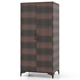 62 Inch Wicker Wardrobe with 2 Doors PE Rattan Closet with Hanging Rod (Color: Brown)