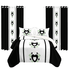 Bedding and Curtain 9-Piece Combo Set, Embroidered Quilted Bedspread with 6 Matching Window Panels & 2 Pillow Shams, Microfiber Lightweight Cover (Color: Black & White Heart, size: KING)