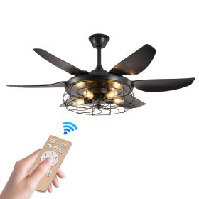 52 Modern Black Ceiling Fan With Light, 6 Fan Blades And Industrial Cage Design, Adjustable Speed For Living Room, Bedroom, Dining Room  Silent 6 (Option: Default)