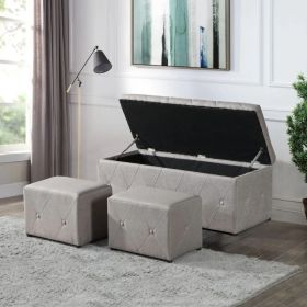 1 Piece Rectangular Storage Ottoman Fabric Linen With 2 Set Ottomans Beige (Option: 1)