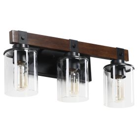 19in  Rustic 3-Light Vanity Light, Industrial Bathroom Wall Sconce With Glass Shades And Wood Accent, Modern Farmhouse Lighting Fixture  No Bulbs (Option: Default)